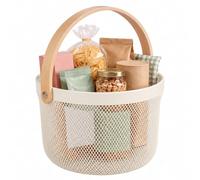Relaxdays wire basket with handle, round, choice of colours | Metal & Wood Storage Basket, Kitchen, Bathroom and Living Room Utensil Basket
