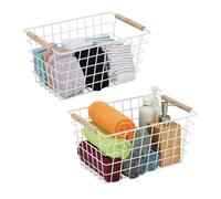 Relaxdays Wire Basket, Wooden Handles, Square, Lattice Design, Clothes, Accessories, Metal, HWD: 16 x 31 x 21 cm, White