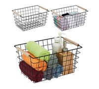 Relaxdays Wire Baskets, Set of 3, Wooden Handles, 16 x 31 x 21 cm, Shelf Tidy, Bathroom & Kitchen Organiser, Black