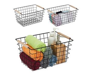 Relaxdays Wire Baskets, Set of 3, Wooden Handles, 16 x 31 x 21 cm, Shelf Tidy, Bathroom & Kitchen Organiser, Black