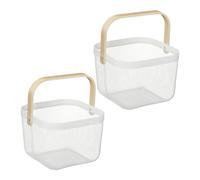 Relaxdays Wire Baskets with Handle, Set of 2, Metal & Bamboo, HxWxD: 17.5 x 26 x 24.5 cm, Stylish Storage, White