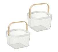 Relaxdays Wire Baskets with Handle, Set of 2, Metal & Bamboo, HxWxD: 17.5 x 26 x 24.5 cm, Stylish Storage, White