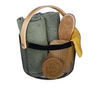 Relaxdays Wire Storage Basket with Handle, Round, Metal & Wood, for Utensils in Kitchen, Bathroom, Living Room, Black, Steel, 30 x 27.5 x 25.5 cm