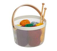 Relaxdays Wire Storage Basket with Handle, Round, Metal & Wood, for Utensils in Kitchen, Bathroom, Living Room, White, Steel, 30 x 27.5 x 25.5 cm