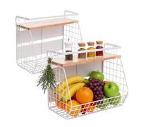 Relaxdays Wood Fruit Basket Wall Shelf 2-Pack, Magnetic Kitchen Organiser, Metal Wire Basket, 30x35.5x21cm White/Natural