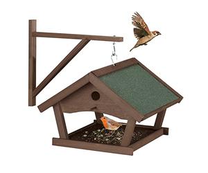 Relaxdays Wooden Birdhouse, Hanging Bird Feeding Table, HxWxD: 35x42.5x40.5 cm, Feeder For Wild Birds, Dark Brown