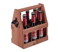 Relaxdays Wooden Carrier, with Bottle Opener & Coaster, Room for 6 Beers/Wine, Sturdy Wood & Metal Iron, Brown, 28 x 27.5 x 15 cm