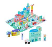 Relaxdays Wooden City Blocks Set x108, Puzzle Mat, Buildings, Letters, Numbers, Suitable for Ages 3+, Colourful, Fibreboard, 55 x 42 cm