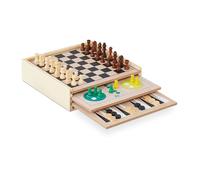 Relaxdays wooden collection, 7 classic board, chess, ludo, backgammon, family games, colourful, Plastic, Fibreboard, Wood, 7.5 x 29 x 29 cm