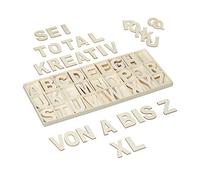 Relaxdays Wooden Letter Set, 104 Pieces, Capital A-Z, Signs, 5.5 cm, Small, Handicraft, Decoration, Classroom, Natural, Wood, 1.5 x 41 x 18 cm