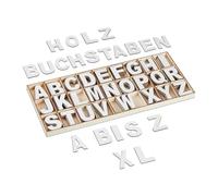 Relaxdays Wooden Letters Set, 208 pcs, Crafts, Uppercase A-Z, with Convenient Storage Box, Characters, Decoration, White, Wood, 2 x 41 x 18 cm