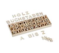 Relaxdays Wooden Letters Set, 324 pcs, Uppercase A-Z, &-signs, Convenient Storage Box, Characters, Decoration, Natural, Wood, 2.5 x 10.5 x 30 cm