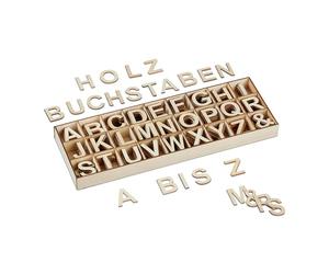 Relaxdays Wooden Letters Set, 324 pcs, Uppercase A-Z, &-signs, Convenient Storage Box, Characters, Decoration, Natural