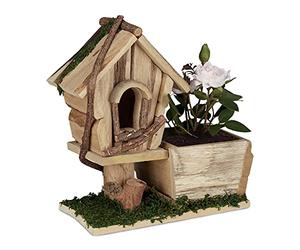 Relaxdays Wooden Planter with Decorative Birdhouse, Bark & Moss, Square Pot, Indoor & Outdoor, 25x23x12cm, Natural/Green