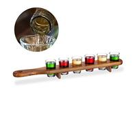 Relaxdays Wooden Shot Paddle Board, 6 Shot Glasses, 4 cl., Drinks Paddle, Glasses Holder, Brown