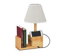 Relaxdays Wooden Table Lamp with USB Connection, Bookend & Mobile Phone Holder, E27, Bedside Lamp, Fabric Shade, Natural/Cream, 45 x 32 x 23 cm