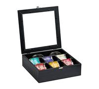 Relaxdays Wooden Tea Box, 7 Compartments, 100 Teabags, Hinged Lid, Flavour-Preserving, 8 x 25 x 25.5 cm, Black