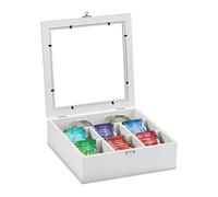 Relaxdays Wooden Tea Box, 7 Compartments, 100 Teabags, Hinged Lid, Flavour-Preserving, 8 x 25 x 25.5 cm, White