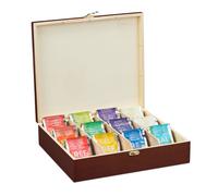 Relaxdays Tea Box, 12 Compartments, Organiser Chest, H x W x D: 7.5 x 29 x 26 cm, Wood, Brown