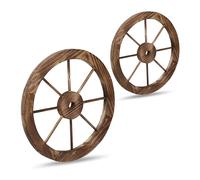 Relaxdays wooden wagon wheel, 2-piece set, decor for garden, patio, veranda, rustic spoked wheel, saloon, western, brown