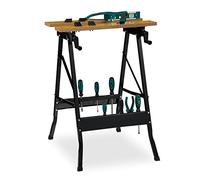 Relaxdays Workbench, Foldable, up to 100 kg, Adjustable Work Table, 4 Clamps HxWxD: 75.5 x 56.5 x 62 cm, Natural/Black, Steel