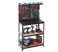 Relaxdays Workbench, H x W x D: 155x80.5x41 cm, 2-tier, pegboard & accessories, steel & MDF, workshop bench, black