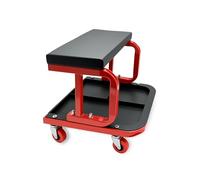 Relaxdays workshop stool with storage, up to 100 kg, cushioned seat, 4 wheels, rolling seat, black and red