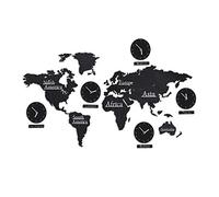 Relaxdays World Map with 5 Clocks, Wooden, Choose from 10 Different Cities, 3D Template Stencil, HxW: 61 x 113 cm, Black, Fibreboard, 1 item