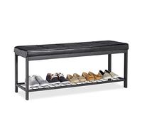 Relaxdays XXL Shoe Bench, Faux Leather Seat, Backless, Grid Rack for Shoes, Metal, HWD 49x115x40cm, Black