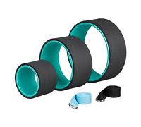 Relaxdays Yoga Wheel, Set of 3, Ø: 33, 26,5, 17 cm, with 2 Straps, Rings for Stretching, Sport, Plastic, Turquoise/Black, 12.5 x 33 x 33 cm