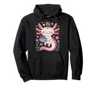 Relaxed Axolotl With Coffee Cup Kawaii Cute Stars Pullover Hoodie