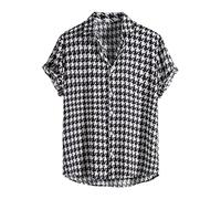 Relaxed Fit Casual Beach Shirt for Men Fashion Houndstooth Printed Short Sleeve Button Down Hawaiian Shirts(Black,Medium)