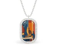Relaxed Tabby Cat Minimalism Rectangle Pendant Necklace Silver Women Jewelry Alloy Keychain Tag Jewelry