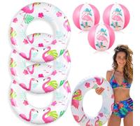 Relaxgiant 6 Pcs Flamingo Inflatable Pool Floats 36 Inch Inflatable Ring Tubes 16 Inch Pool Beach Balls for Summer Bridal Graduation Independence Day Swimming Beach Party