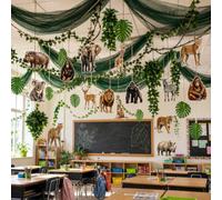Relaxgiant 63 Pcs Back to School Jungle Safari Hanging Ceiling Decoration 24" x 13ft Green Banner Artificial Plant Vines Plant Leaf Garland Animal Cardboard Ornament with Rope for Class Party Decor