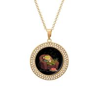 Relaxing Frog Drinking Coffee Shiny Pendant Necklaces for Women Circle Diamond Necklace Charms Wedding Anniversary Birthday