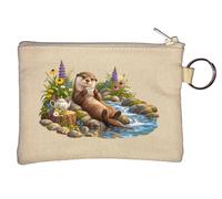 Relaxing Otter Enjoying Tea by Stream Key Chain Coin Purse Beige