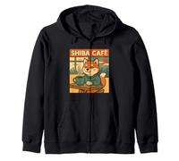 Relaxing Shiba Café Moment - Cozy Retro Dog Art Zip Hoodie