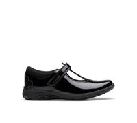 Relda Gem Kid Black Patent T Bar Shoes Clarks Black 2.5-Wide Fit