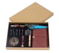 RELDAXSBH Pen Set, Quill Pen Kit with Empty Ink Bottle and Wax Seal Stamp, Retro Calligraphy Writing Dip Pen for Gothic Italian Practice, Includes Brass Base and 76 - Page Book for B (Blue)