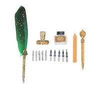 RELDAXSBH Pen Set with 10 Interchangeable Nibs, Quill Calligraphy Pen with Fire Lacquer Wax Seal Letter Opener and Ink Bottle, Retro Writing Kit for Journaling and Art (Green)