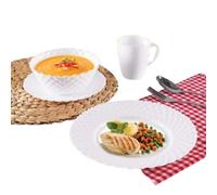 Reldor 16-Piece Porcelain White Dinner Set for 4, Gatherings, Parties Service for 4, Bowl Plate Mug Soup Side Porcelain Cup Gift Kitchen Service (Dotted Embossed)