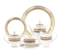 Reldor 24 Piece Bone China Tea Set for 6 - Gold Greek Key Design Cups and Saucers Set, Includes Teapot, Cups, Saucers, Dessert Plates, Sugar Pot & Creamer - Perfect for Christmas Gift