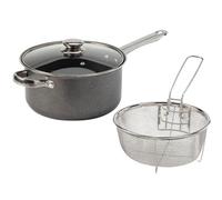Reldor 3-in-1 Chip Pan with Lid & Wire Basket 24cm, Deep Fat Fryer with Non-Stick Coating, Deep Fat Frying Pot, Transparent Vented Lid, Dishwasher Safe-Perfect for Gas, Electric, and Solid Hotplates