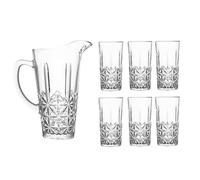 Reldor Clear 1.58L Glass Jug and Tumbler Set, Crystal Effect Water Juice Glasses Tumblers & Pitcher Jug, Ideal for Cold Water, Wine, Coffee, Milk and Juice Beverage, Set of 7