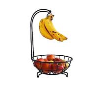 Reldor Metal Fruit Basket Holder with Banana Hanger Hook Kitchen Countertop Fruit Vegetables Rack Bowl Metal Storage Holder for Storing & Organizing Fruit Vegetables Eggs Breads Fruit (BLACK)