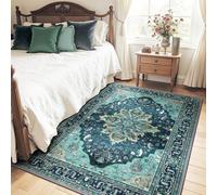 RELEANY Area Rugs 4'x6' Washable Non-Slip, Floral Vintage Distress Print Pattern Medallion Carpet for Living Room Bedroom Dining Room, Teal Green Lake Blue