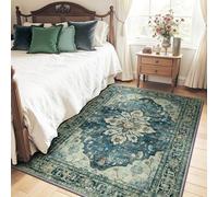 RELEANY Area Rugs 4'x6' Washable Non-Slip, Floral Vintage Distress Print Pattern Medallion Carpet for Living Room Bedroom Dining Room, Dark Blue Vintage