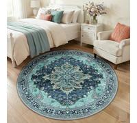 RELEANY Area Rugs 5ft Washable Non-Slip, Floral Vintage Distress Print Pattern Medallion Carpet for Living Room Bedroom Dining Room, Teal Green Lake Blue Turquoise