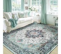 RELEANY Area Rugs 5'x7' Washable Non-Slip, Floral Vintage Distress Print Pattern Medallion Carpet for Living Room Bedroom Dining Room, Green Navy Blue White Red Teal Colorful